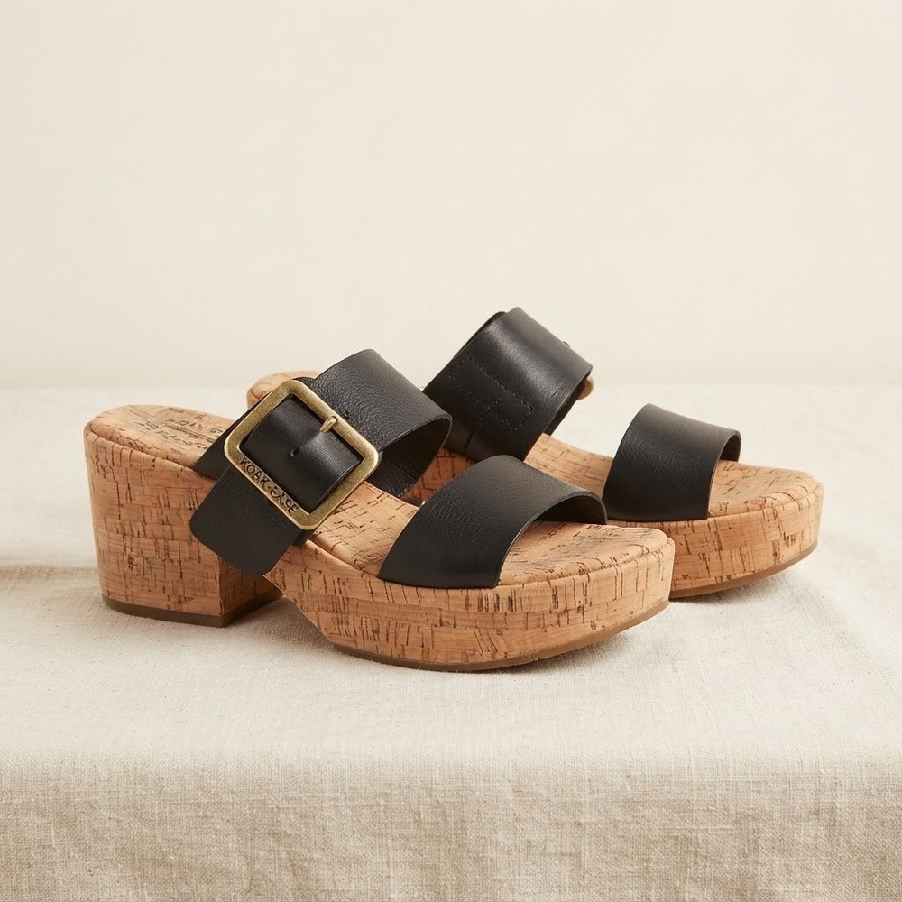 💥🏷️ Kork-Ease Platform Sandals 10 Black Leather Cork Block Heel Buckle Slides
